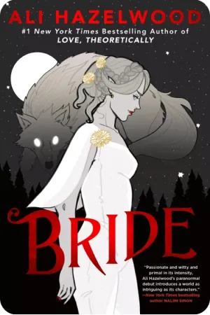 Bride cover featuring a woman in white attire standing boldly in front of a wolf, symbolizing strength and unity.