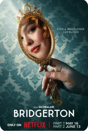 Promotional image for Bridgerton Season 1 featuring the main cast in Regency-era attire.