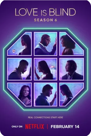 Promotional image for Love Is Blind Season 4 featuring couples and dramatic moments from the show.