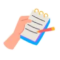A hand holding a pen above a notepad, ready to write notes or ideas.